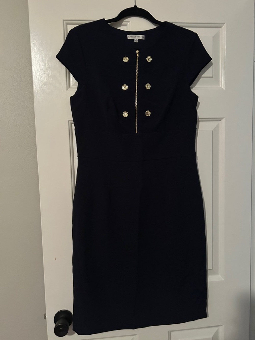 Sandra Darren Navy Blue Midi Sheath Dress with Gold Buttons